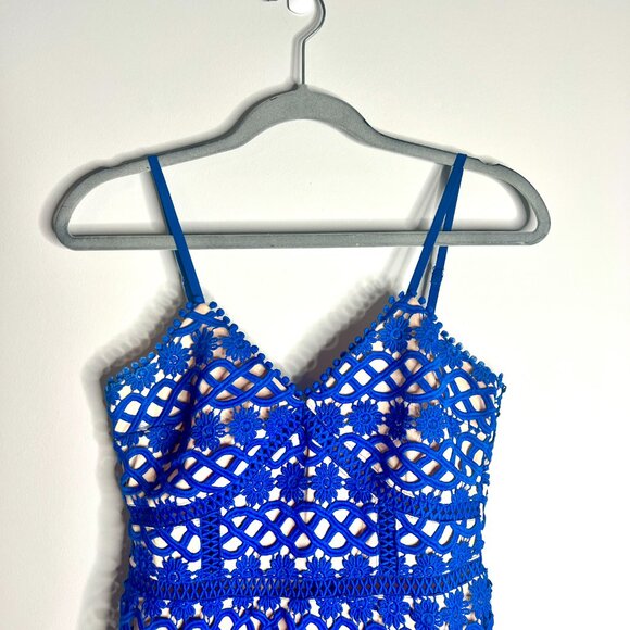 Lulus Beauty and Lace Royal Blue and Nude Crochet Lace Mini Dress Coquette Sz S - Picture 4 of 8